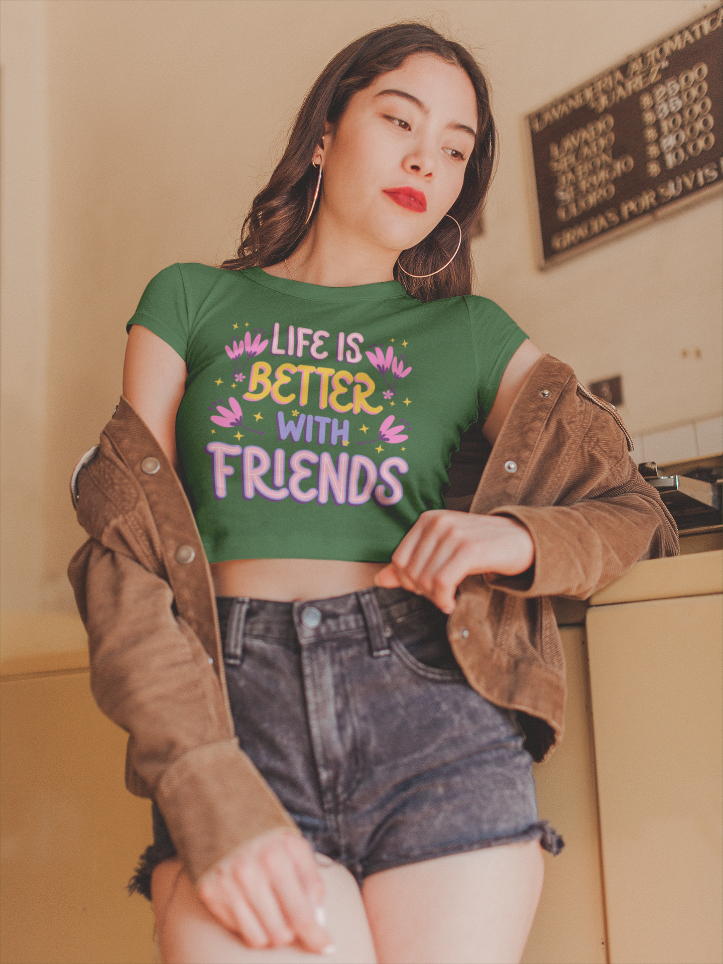 Women Olive Green Crop Top Life Is Better With Friends