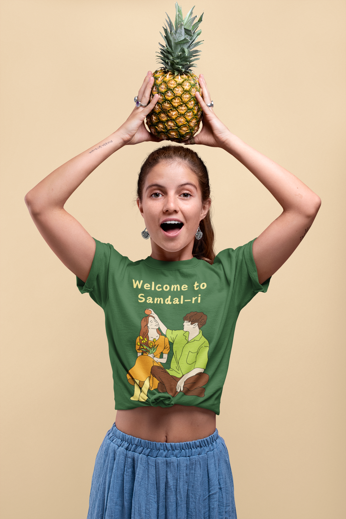 Women Round Neck Olive Green T Shirt K-drama Welcome To Samdal-ri