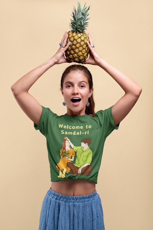 Women Round Neck Olive Green T Shirt K-drama Welcome To Samdal-ri