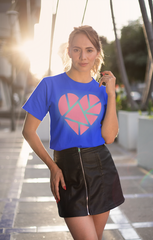 Women Round Neck Royal Blue T Shirt Broken Pink Heart