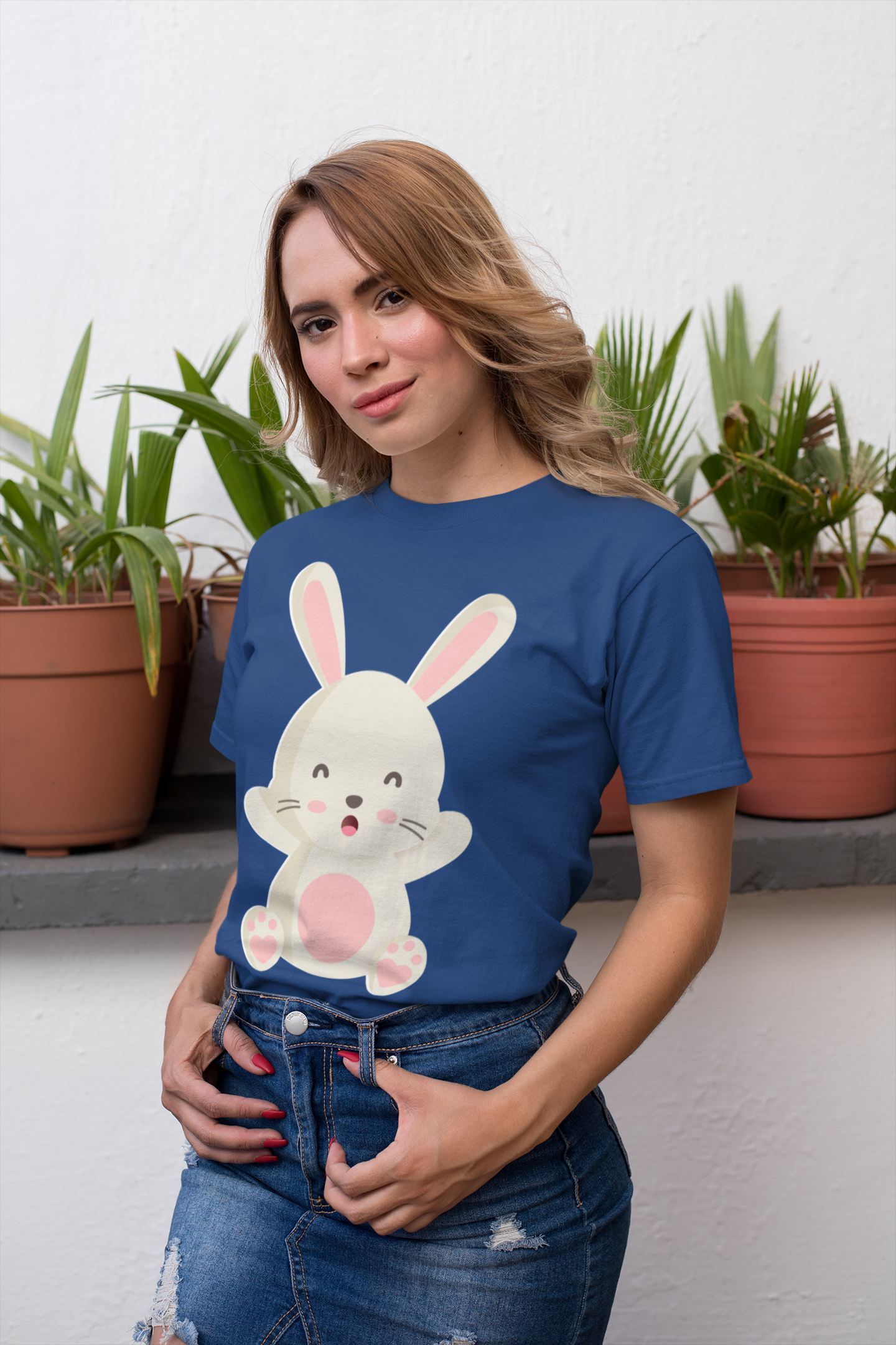 Women Round Neck Navy Blue T Shirt Bunny Hug