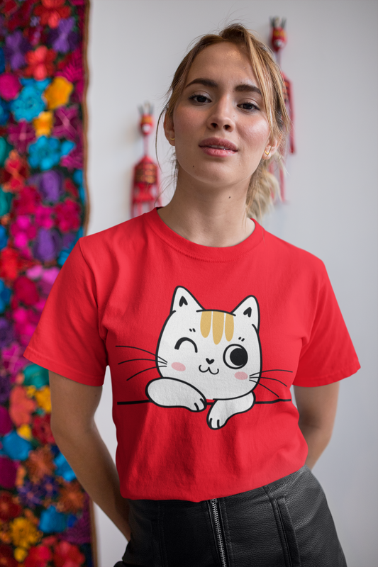 Women Round Neck Red T Shirt Cute Cat