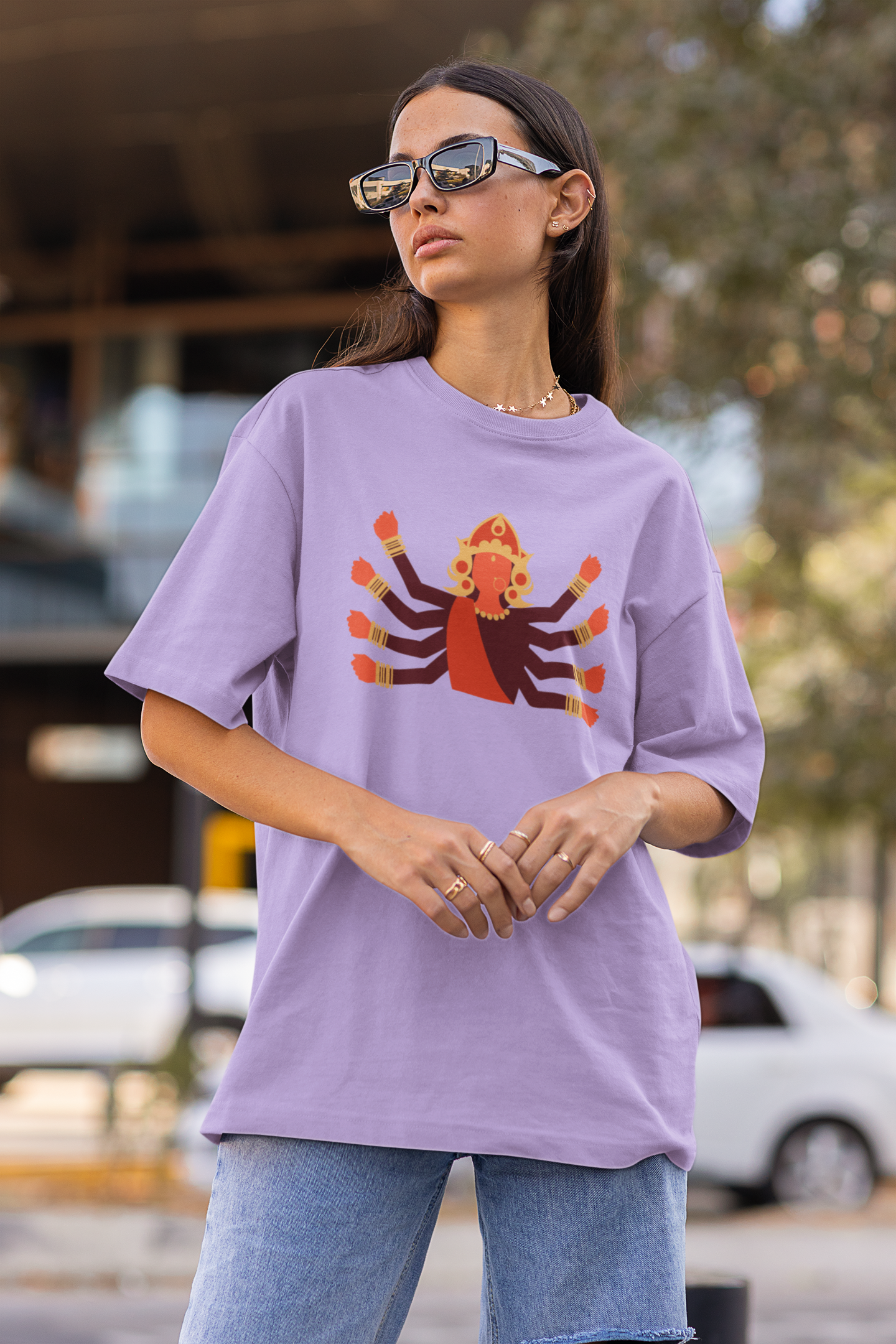 Women Oversized Lavender T-shirt Durga Idol