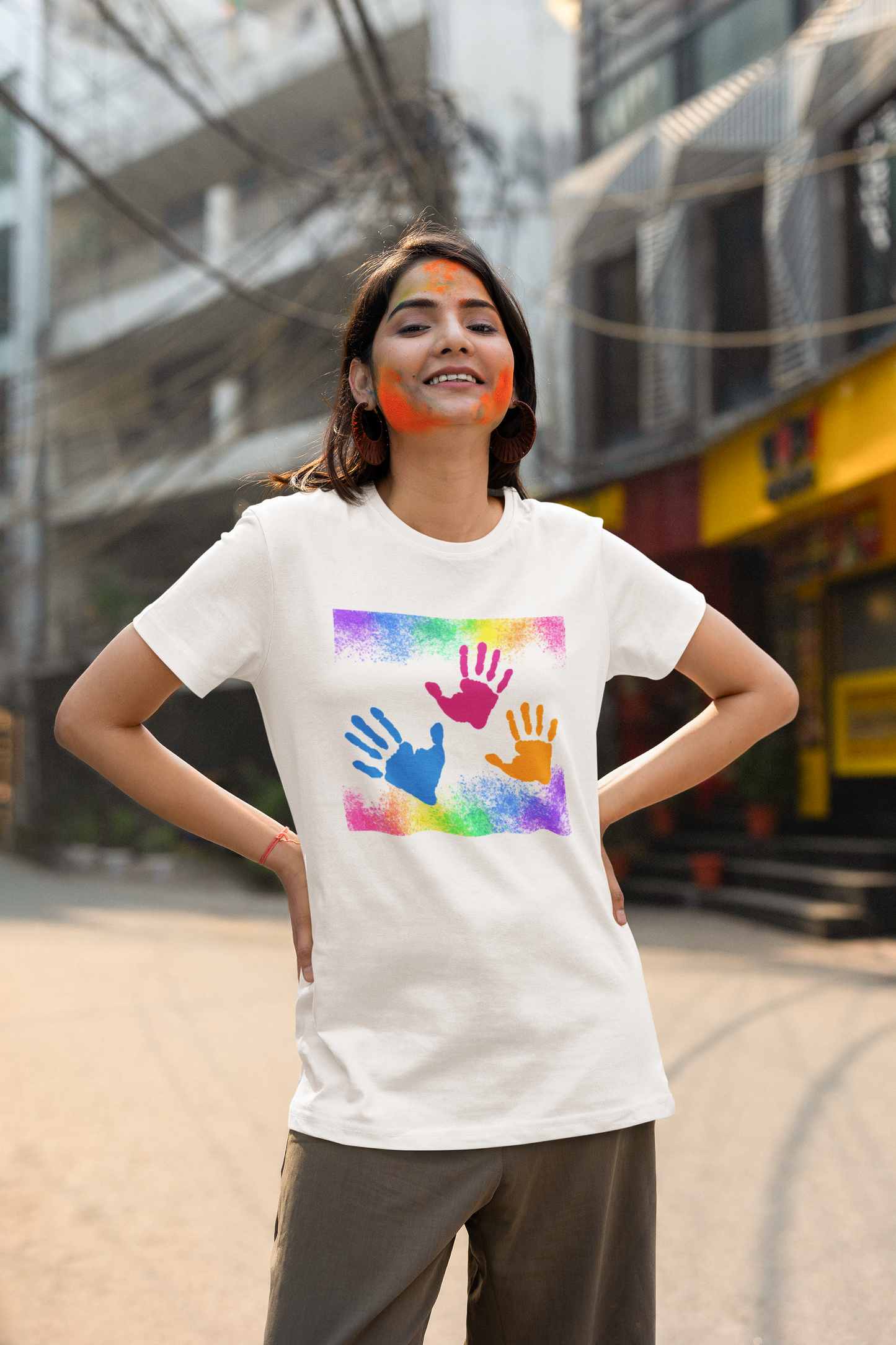 Women Round Neck T Shirt Holi Colourful Hands