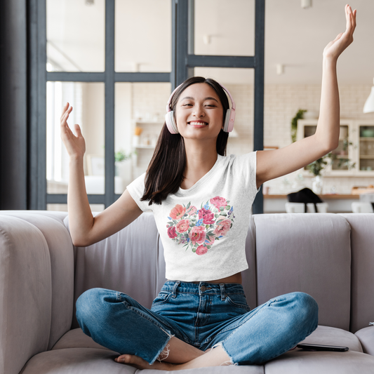 Women White Crop Top Floral Heart