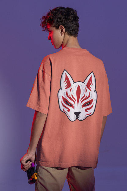 Men Oversized Dusty Rose T-shirt Kitsune Front and Back Print