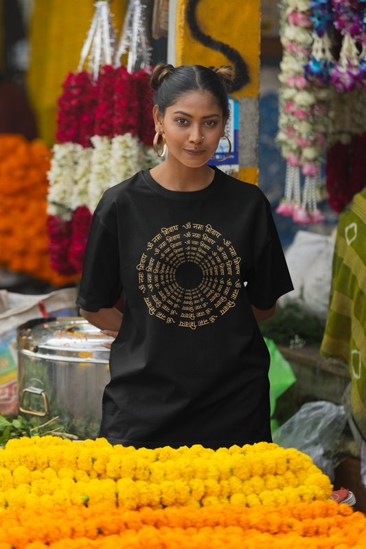 Women Oversized Black T-shirt Om Namah Shivay Circle