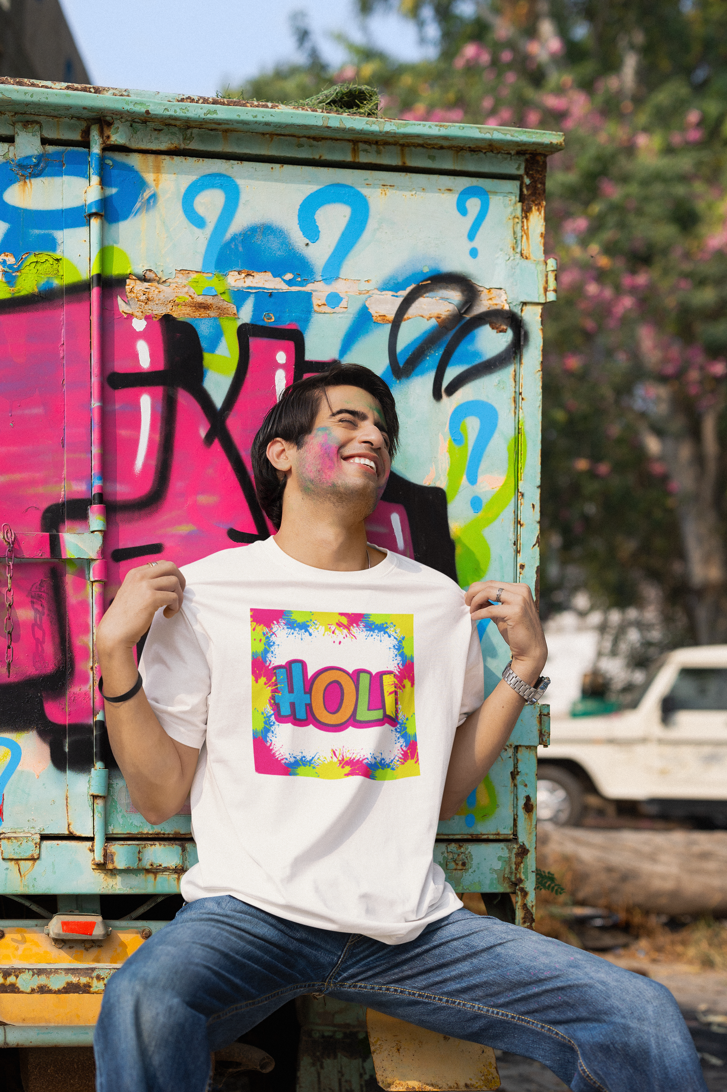 Men Round Neck T Shirt Play Holi