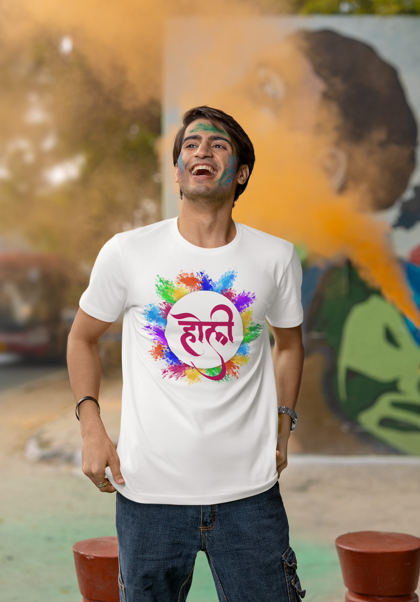 Men Round Neck T Shirt Holi Festival