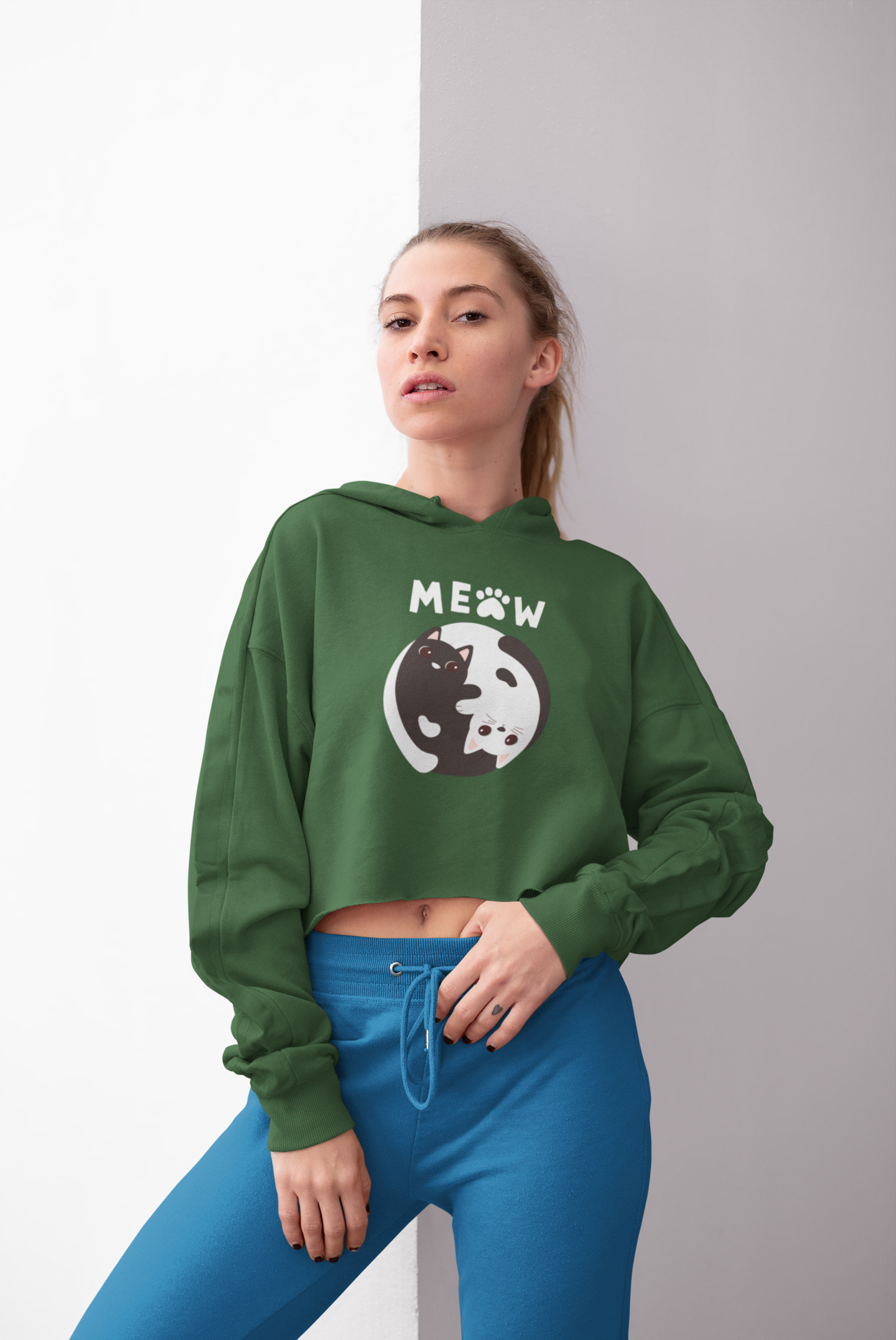 Women Crop Hoodie Front Meow BW