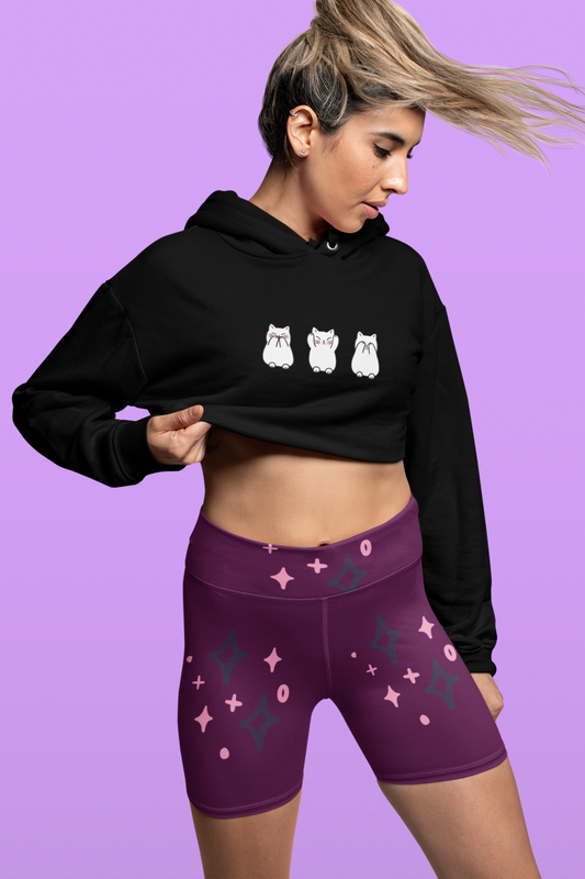 Women Crop Hoodie Front Print 3 Cats