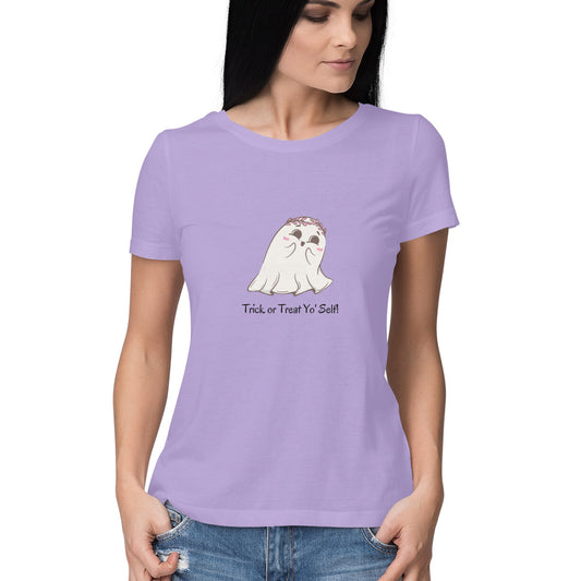 Women Round Neck Lavender T Shirt Trick or Treat