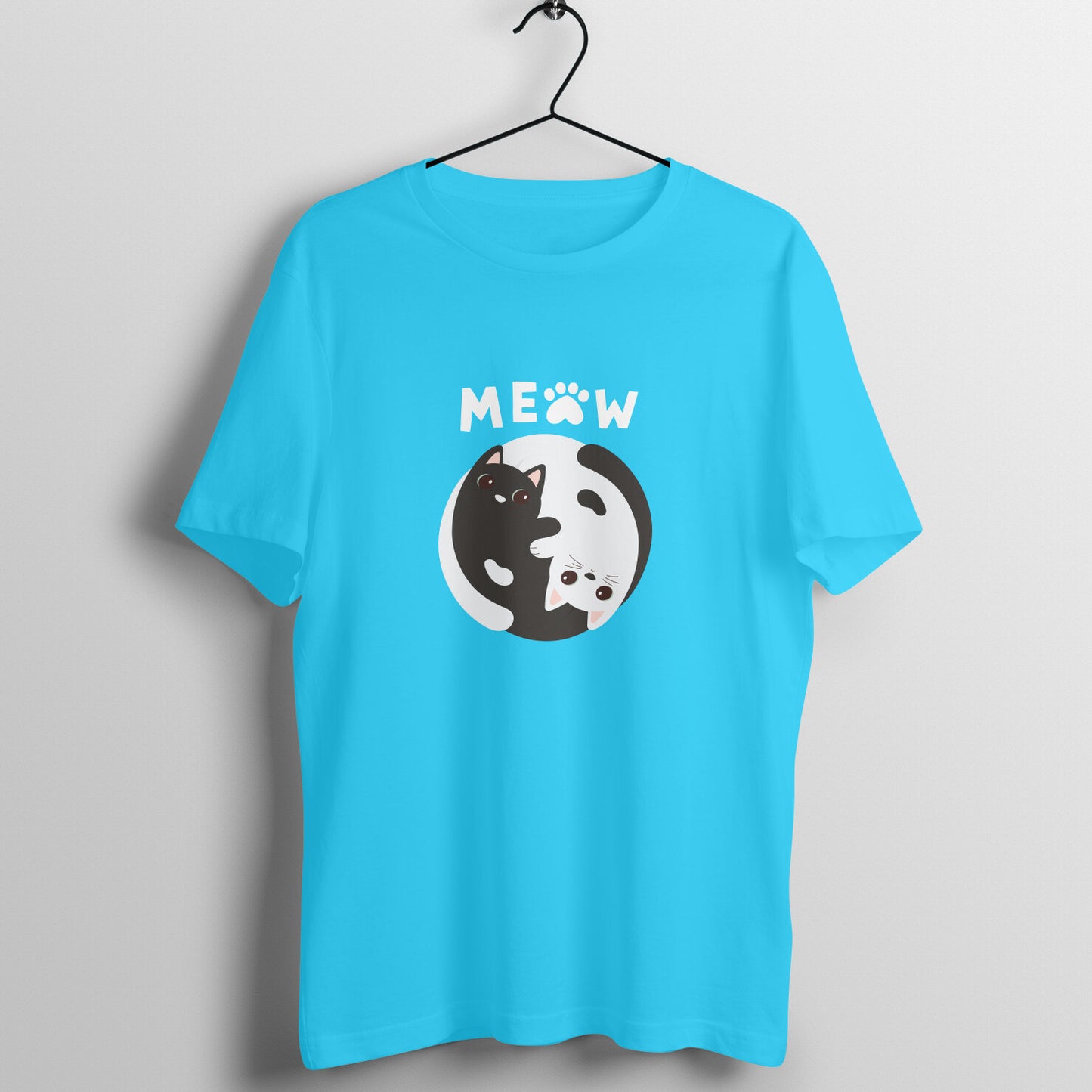 Men Round Neck Blue T Shirt Meow BW