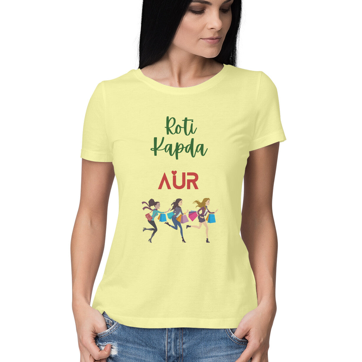 Women Round Neck Yellow T Shirt Roti Kapda Aur Shopping