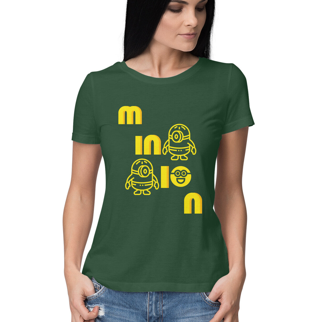 Women Round Neck Olive Green T Shirt Minion