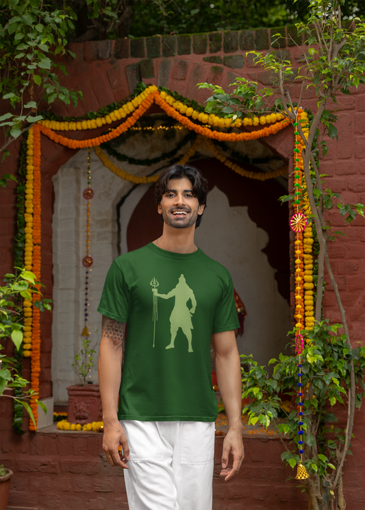 Men Round Neck Green T Shirt Shiva with Trishul