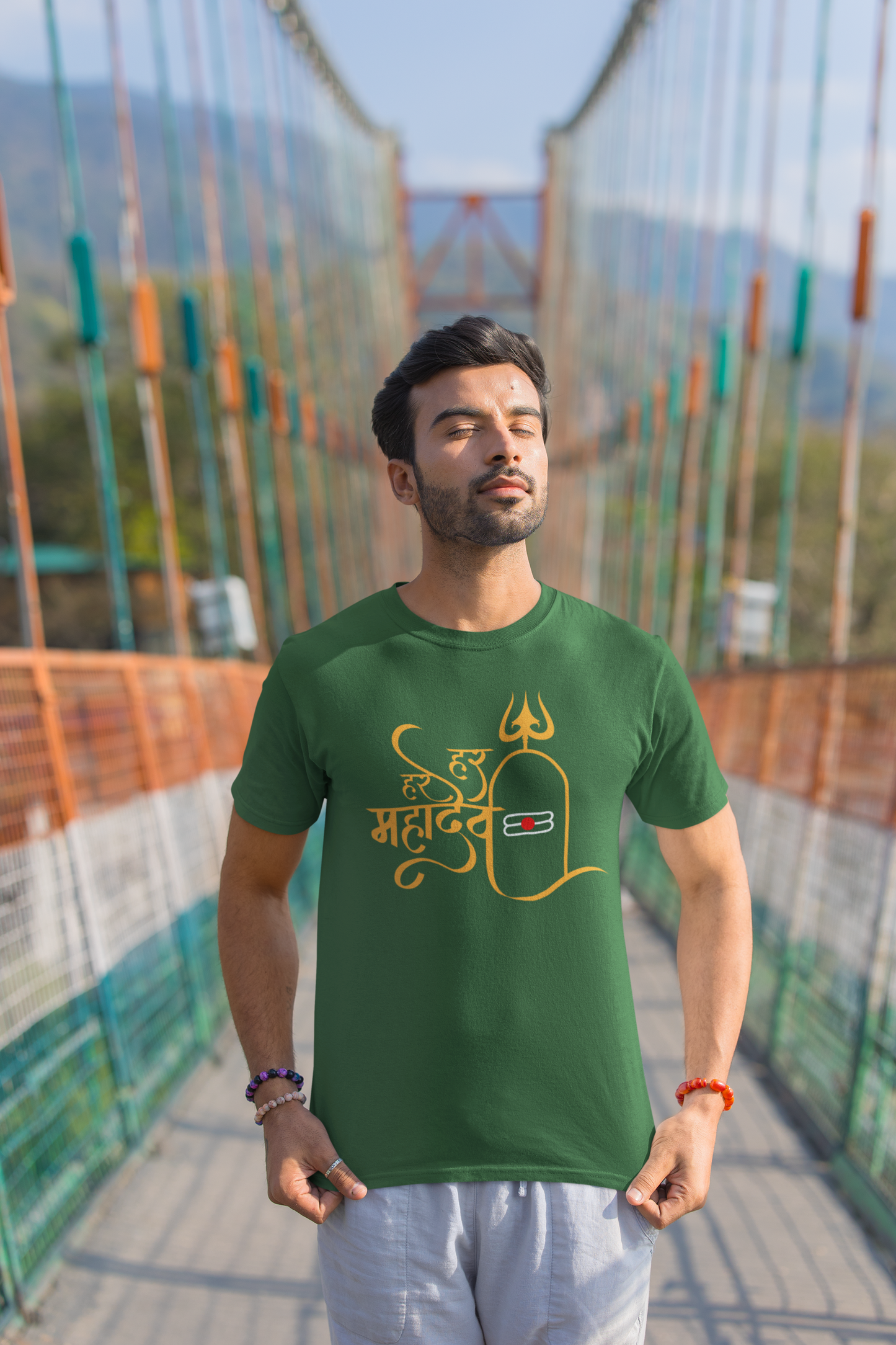 Men Round Neck Green T Shirt Har Har Mahadev Shivling Trishool