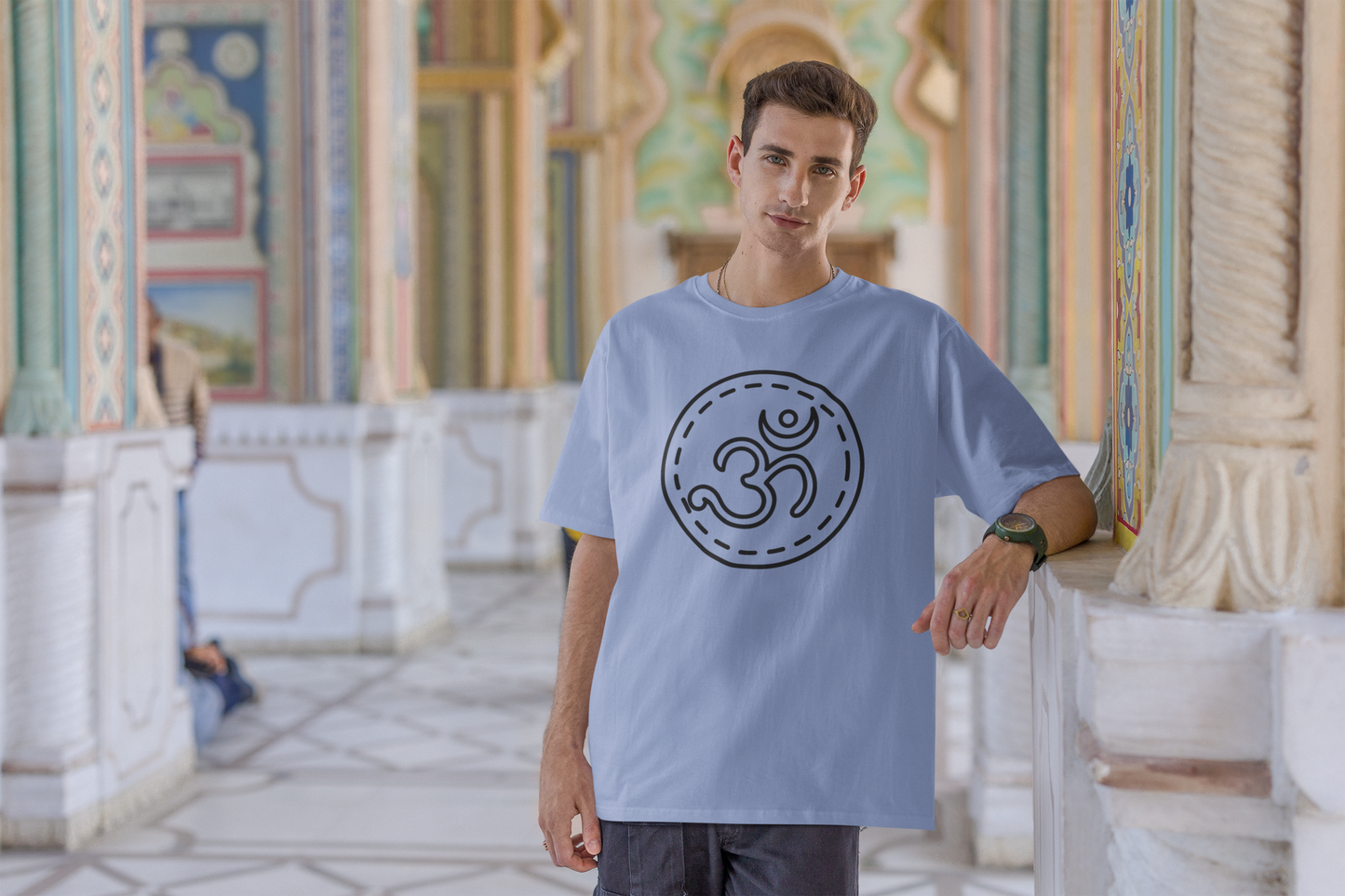 Men Oversized Blue T-shirt OM Outline