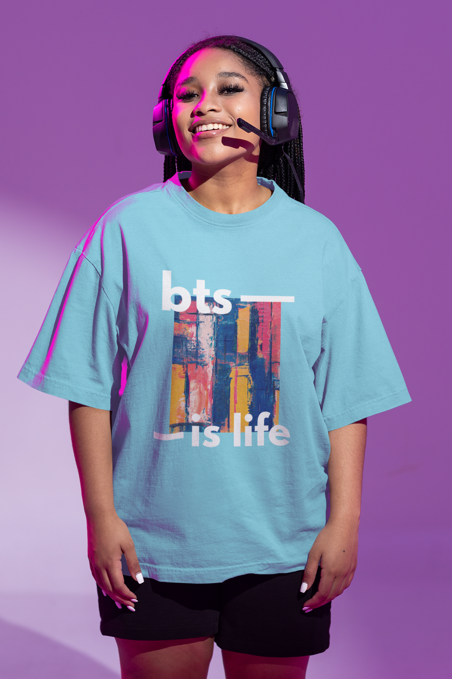 Women Oversized Baby Blue T-shirt with Front and Back Print (BTS army)