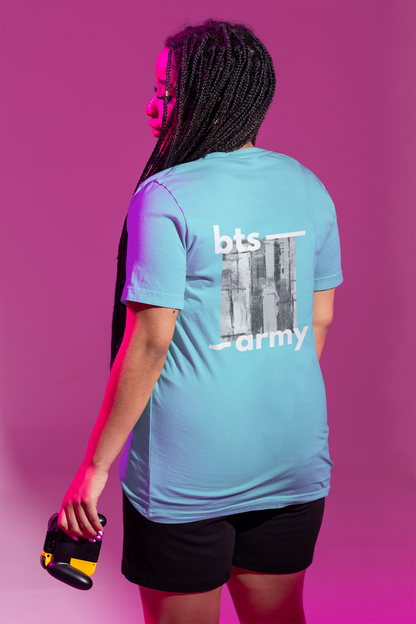 Women Oversized Baby Blue T-shirt with Front and Back Print (BTS army)