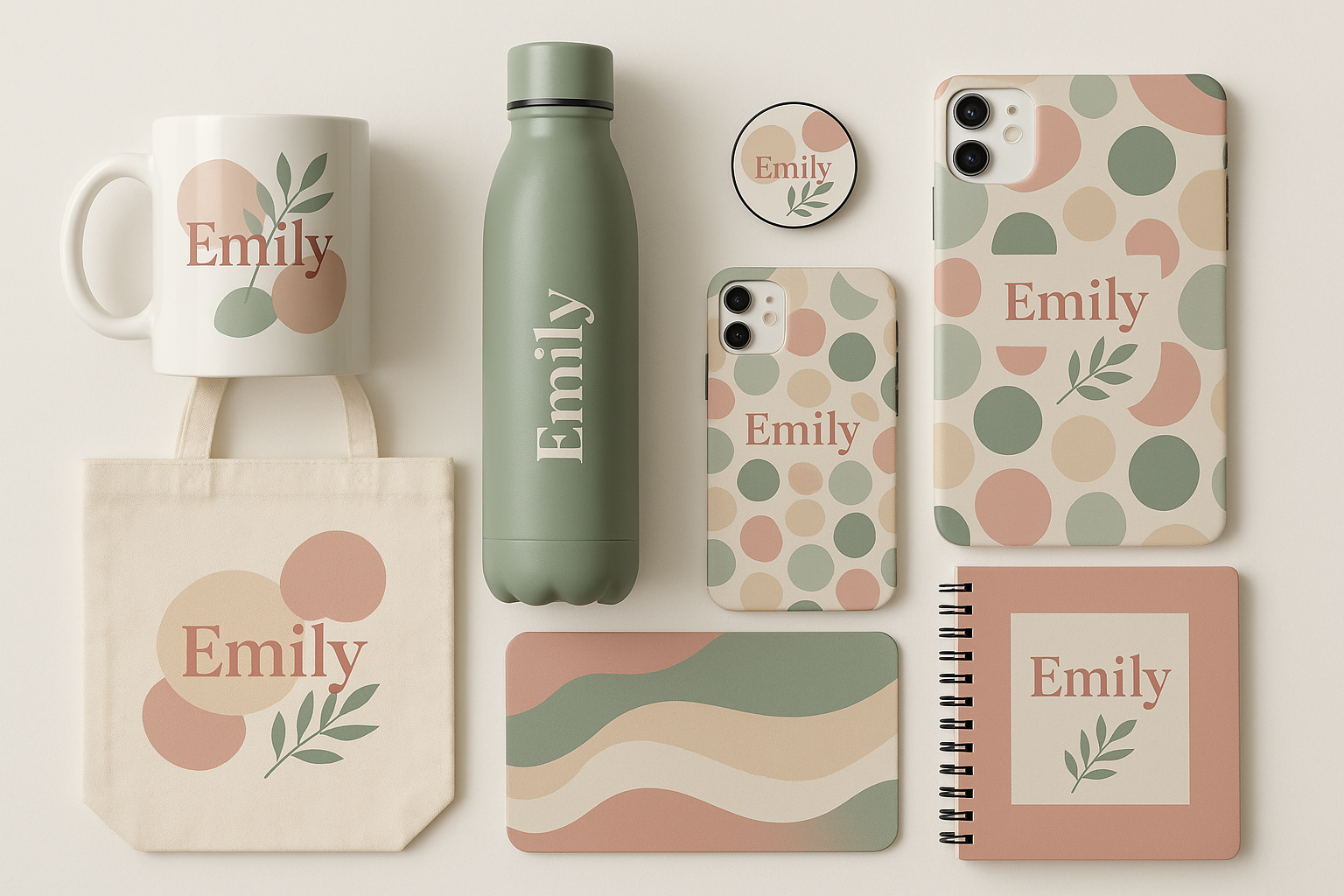 Personalized gift set - coffee mug, sipper bottle, pop grip, iphone back cover, tote bag, mouse pad, notebook