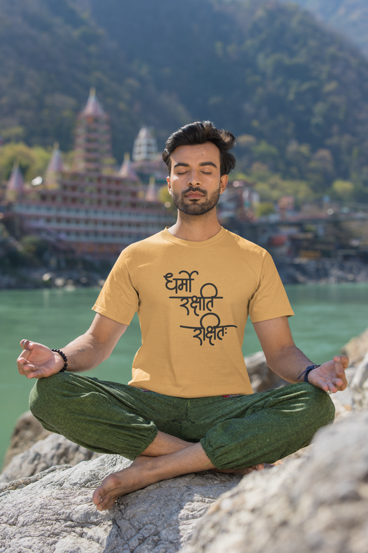 Men Round Neck Mustard Yellow T Shirt Shiva Dharmo Rakshati Rakshita