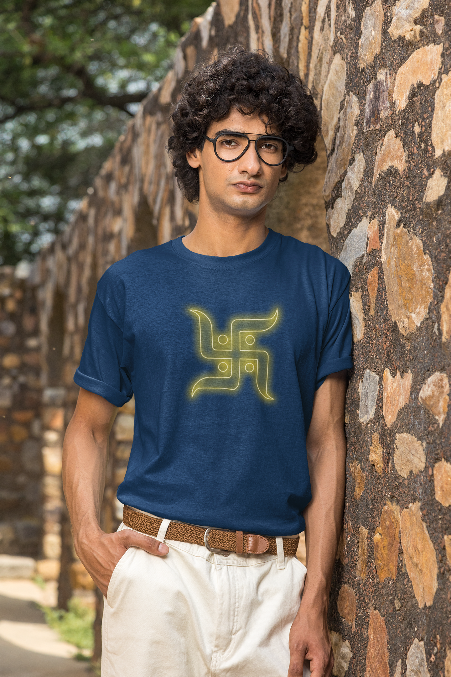 Men Round Neck Navy Blue T Shirt Swastik