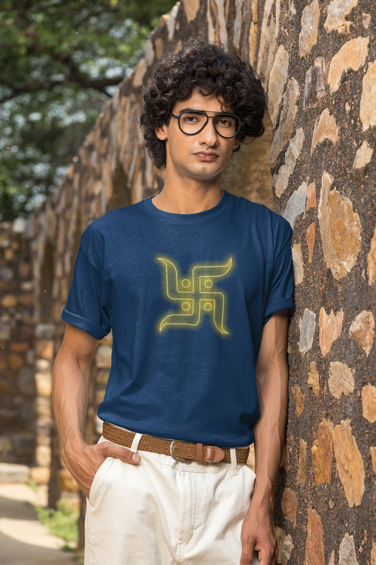 Men Round Neck Navy Blue T Shirt Swastik