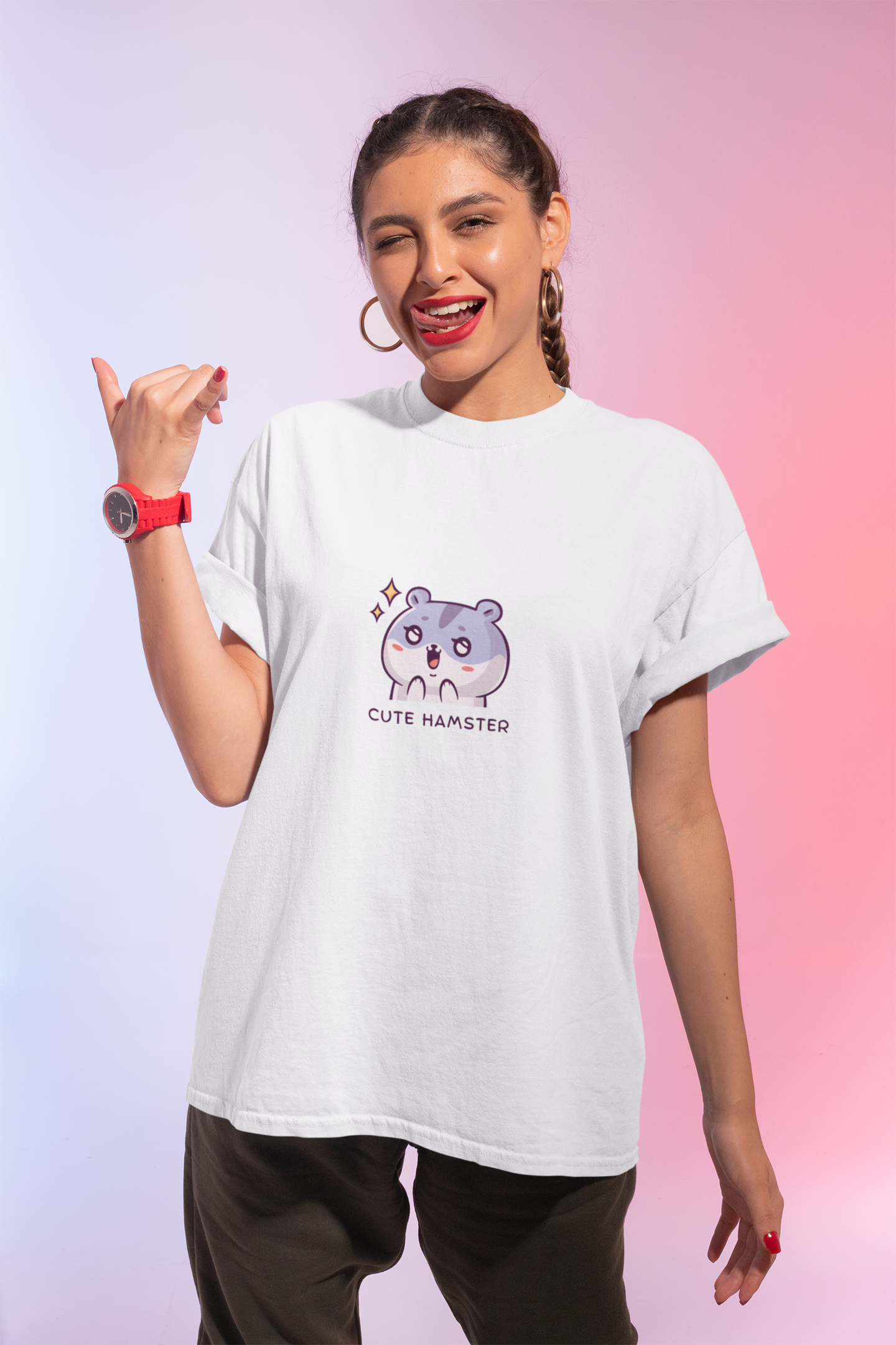 Women Oversized White T-shirt with Front Print Cute Hamster