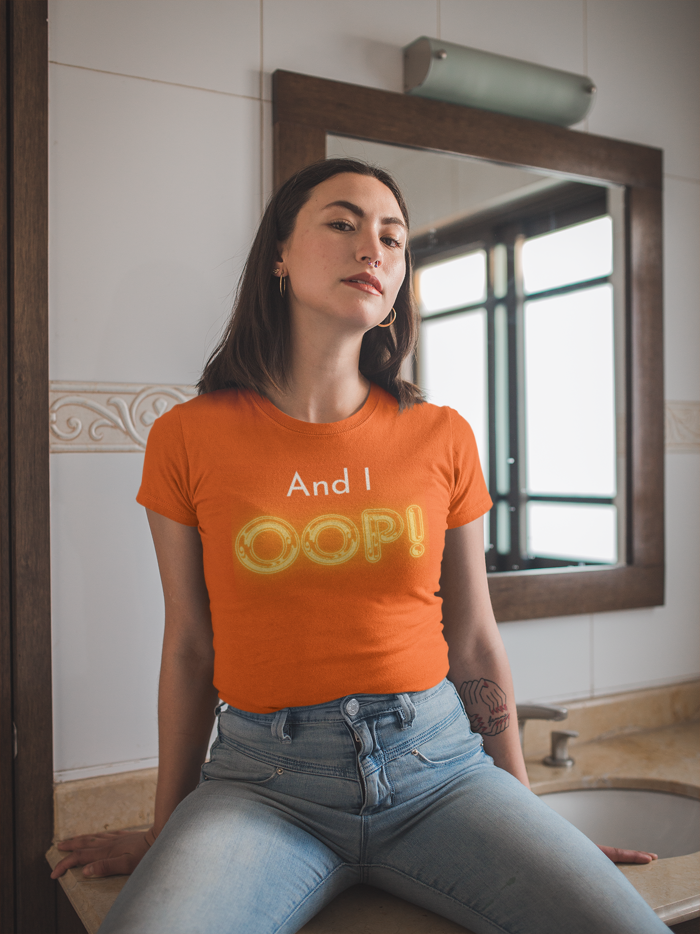 Women Round Neck Orange T Shirt And I oop!