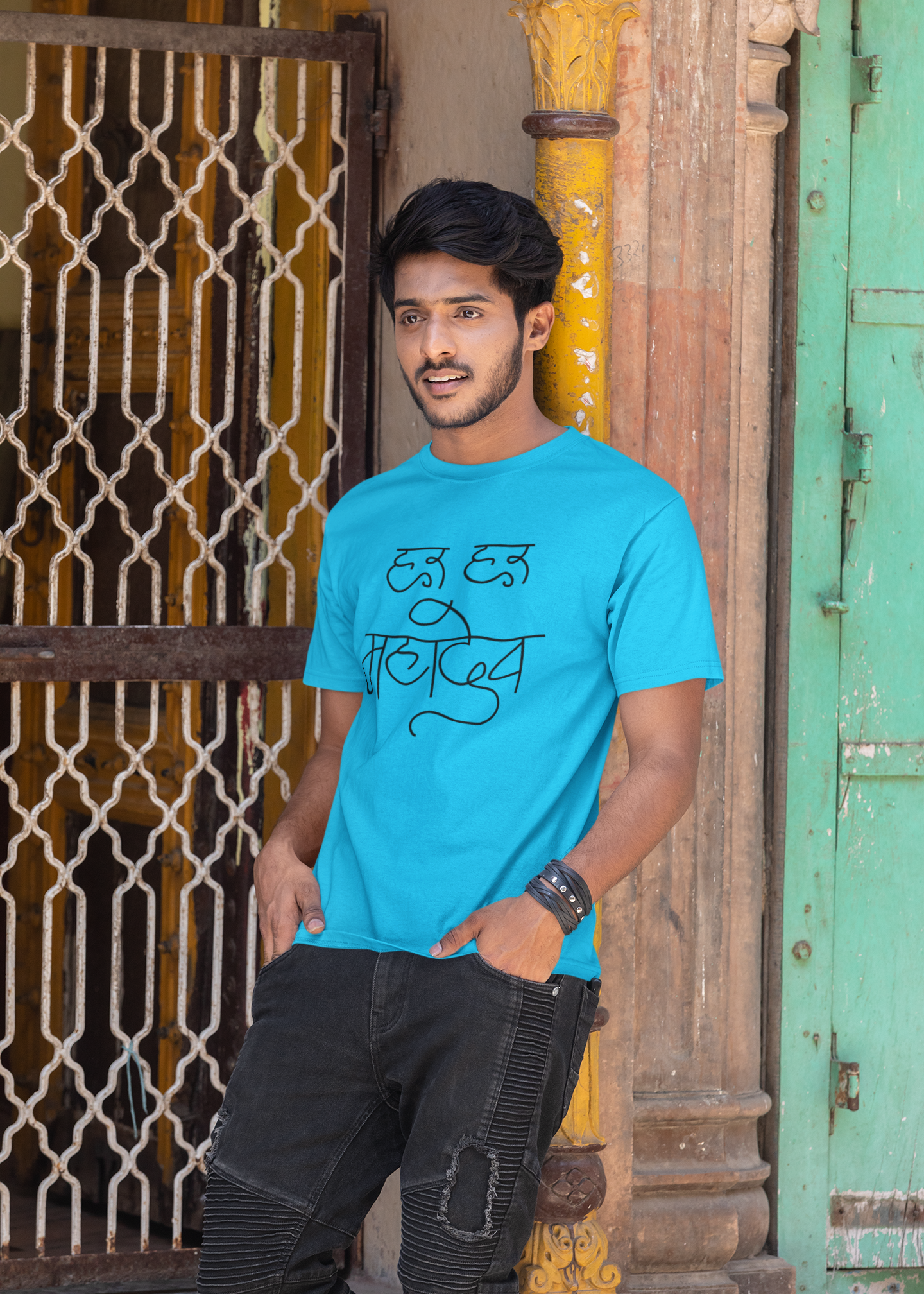 Men Round Neck Blue T Shirt Har Har Mahadev