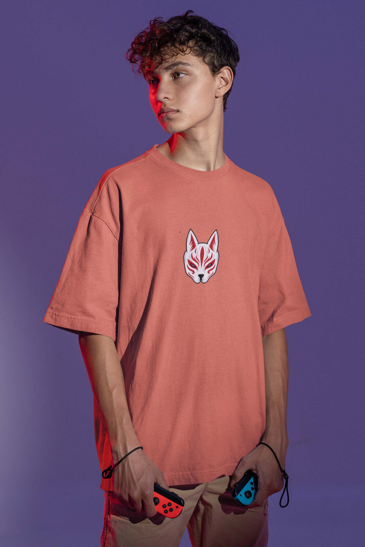 Men Oversized Dusty Rose T-shirt Kitsune Front and Back Print