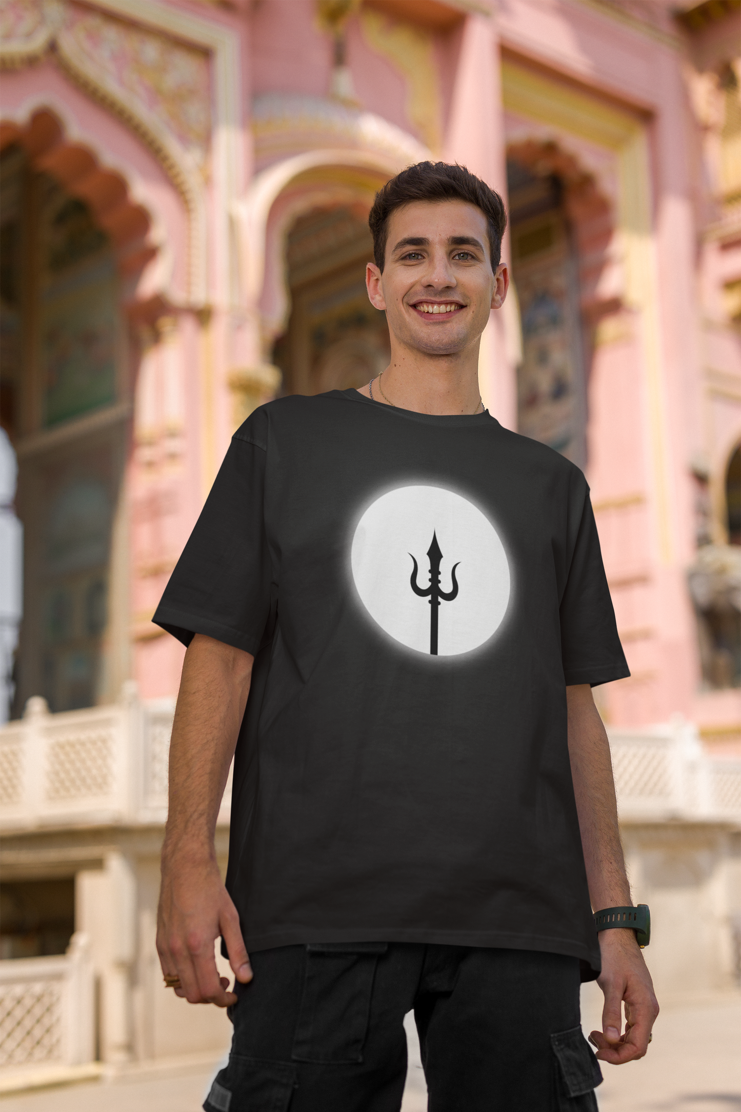 Men Oversized Black T-shirt Trishul inside Moon